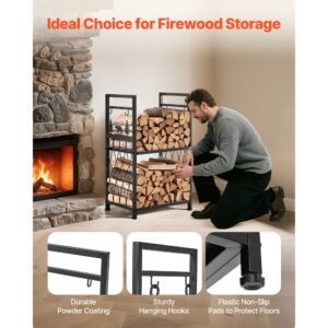 indoor firewood rack, 1.3 ft 2 tier firewood holder with fireplace tools, brush, shovel, poker, tongs, heavy duty log wood rack, 400 lbs weight capacity, wood pile storage stacker for fire pit