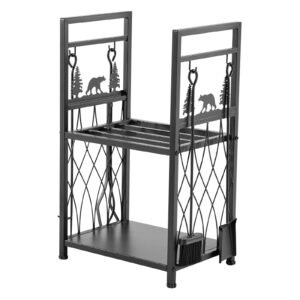 Indoor Firewood Rack, 1.3 ft 2-Tier Firewood Holder with Fireplace Tools, Brush, Shovel, Poker, Tongs, Heavy Duty Log Wood Rack, 400 lbs Weight Capacity, Wood Pile Storage Stacker for Fire Pit