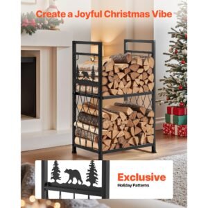 indoor firewood rack, 1.3 ft 2 tier firewood holder with fireplace tools, brush, shovel, poker, tongs, heavy duty log wood rack, 400 lbs weight capacity, wood pile storage stacker for fire pit