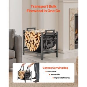 indoor firewood rack, 1.5 ft curved log holder with canvas carrier, 40lb weight capacity wood storage stand, powder coated steel firewood holder, heavy duty wood pile stacker rack for fireplace