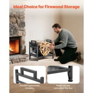 indoor firewood rack, 1.5 ft curved log holder with canvas carrier, 40lb weight capacity wood storage stand, powder coated steel firewood holder, heavy duty wood pile stacker rack for fireplace