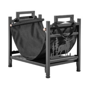 Indoor Firewood Rack, 1.5 ft Curved Log Holder with Canvas Carrier, 40lb Weight Capacity Wood Storage Stand, Powder-Coated Steel Firewood Holder, Heavy Duty Wood Pile Stacker Rack for Fireplace