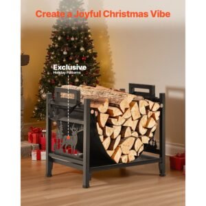 indoor firewood rack, 1.5 ft curved log holder with canvas carrier, 40lb weight capacity wood storage stand, powder coated steel firewood holder, heavy duty wood pile stacker rack for fireplace
