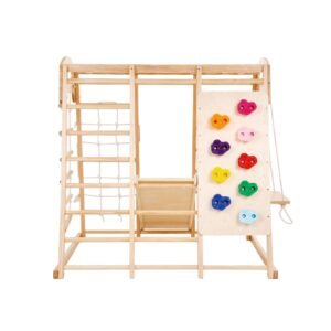 Indoor Jungle Gym, 7-in-1 Toddler Indoor Playground, 43 x 47.2 x 47 inch, with Wood and Rope Ladder, Net Ladder, Swing, Monkey Bar, Slide, Climbing Wall, Wooden Indoor Climbing Toys for Kids