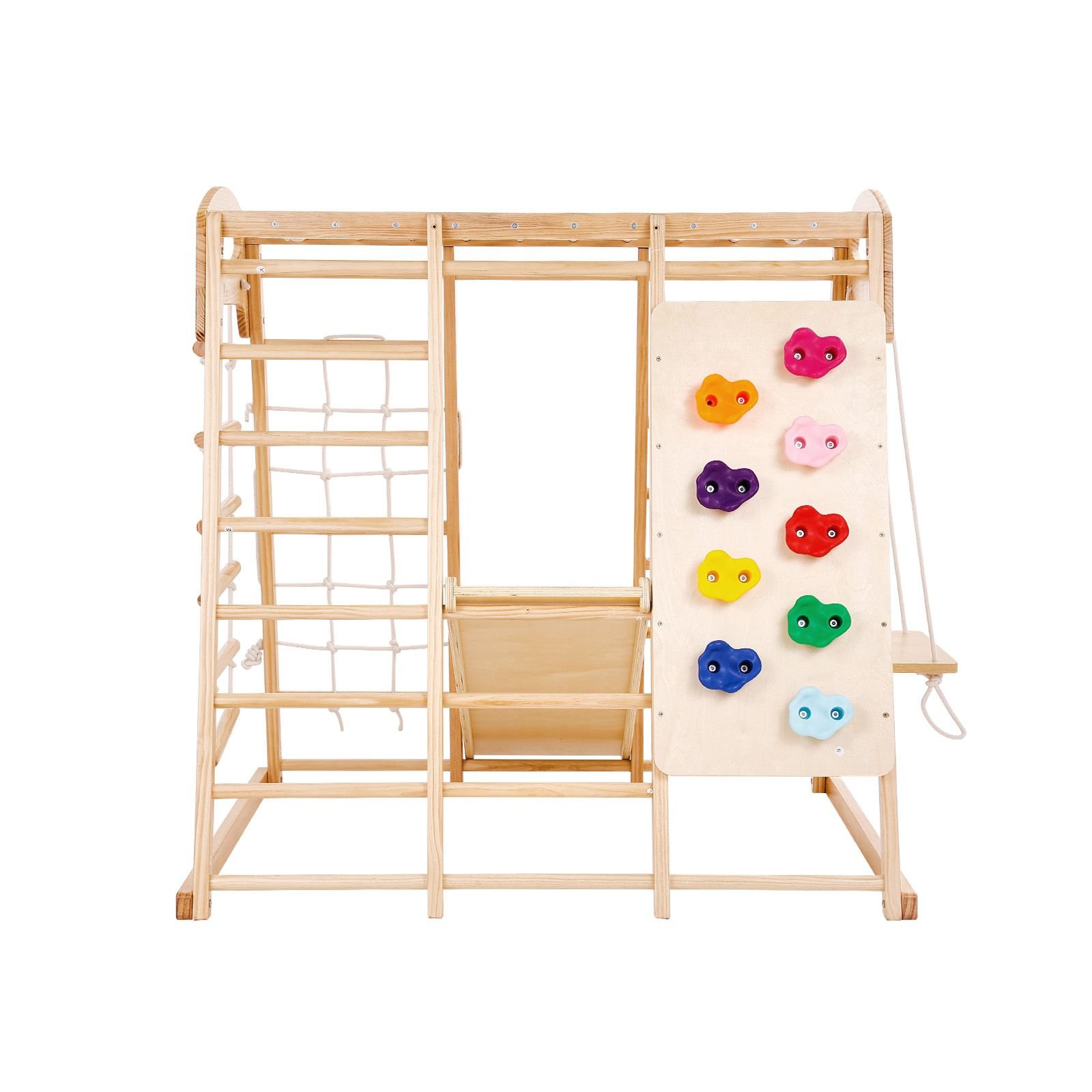 indoor jungle gym, 7 in 1 toddler indoor playground, 43 x 47.2 x 47 inch, with wood and rope ladder, net ladder, swing, monkey bar, slide, climbing wall, wooden indoor climbing toys for kids