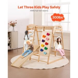 indoor jungle gym, 7 in 1 toddler indoor playground, 43 x 47.2 x 47 inch, with wood and rope ladder, net ladder, swing, monkey bar, slide, climbing wall, wooden indoor climbing toys for kids