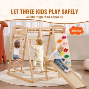 indoor jungle gym, 7 in 1 toddler indoor playground, wooden toddler climbing toys indoor with wood & rope ladder, net ladder, swing, monkey bar, slide, climbing wall, 43 x 47.2 x 47in
