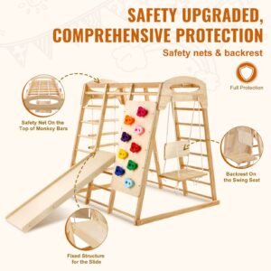 indoor jungle gym, 7 in 1 toddler indoor playground, wooden toddler climbing toys indoor with wood & rope ladder, net ladder, swing, monkey bar, slide, climbing wall, 43 x 47.2 x 47in