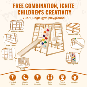 indoor jungle gym, 7 in 1 toddler indoor playground, wooden toddler climbing toys indoor with wood & rope ladder, net ladder, swing, monkey bar, slide, climbing wall, 43 x 47.2 x 47in