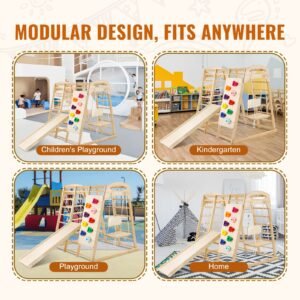 indoor jungle gym, 7 in 1 toddler indoor playground, wooden toddler climbing toys indoor with wood & rope ladder, net ladder, swing, monkey bar, slide, climbing wall, 43 x 47.2 x 47in