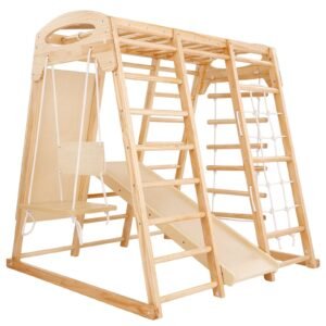 indoor jungle gym, 7 in 1 toddler indoor playground, wooden toddler climbing toys indoor with wood & rope ladder, net ladder, swing, monkey bar, slide, climbing wall, 47.2 x 58 x 56in