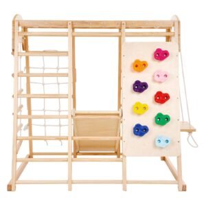 indoor jungle gym, 7 in 1 toddler indoor playground, wooden toddler climbing toys indoor with wood & rope ladder, net ladder, swing, monkey bar, slide, climbing wall, 47.2 x 58 x 56in
