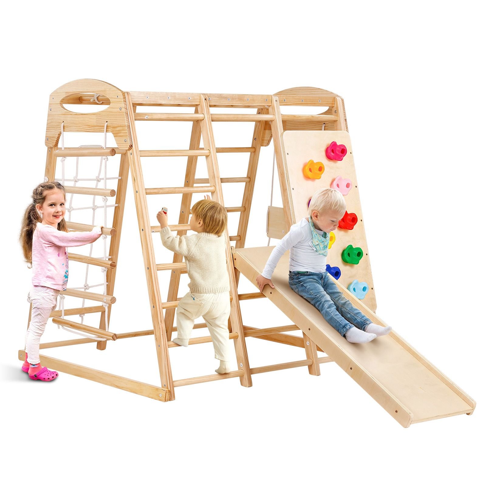 indoor jungle gym, 7 in 1 toddler indoor playground, wooden toddler climbing toys indoor with wood & rope ladder, net ladder, swing, monkey bar, slide, climbing wall, 47.2 x 58 x 56in