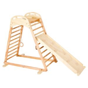 indoor playground jungle gym, 4 in 1 wooden indoor playground climbing toys for kids, montessori toddlers climber playset with climbing rock, slide, wooden ladder & gym rings, 220lbs loading