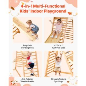 indoor playground jungle gym, 4 in 1 wooden indoor playground climbing toys for kids, montessori toddlers climber playset with climbing rock, slide, wooden ladder & gym rings, 220lbs loading