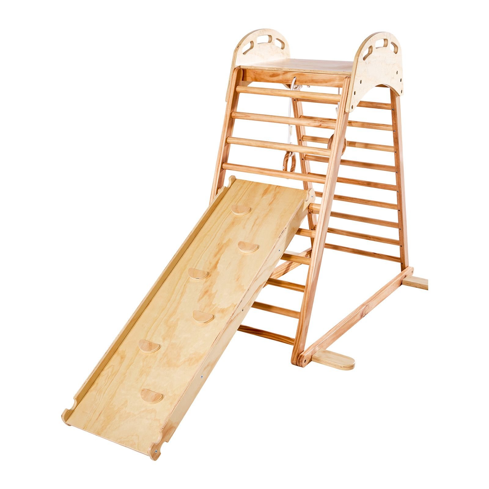 indoor playground jungle gym, 4 in 1 wooden indoor playground climbing toys for kids, montessori toddlers climber playset with climbing rock, slide, wooden ladder & gym rings, 220lbs loading