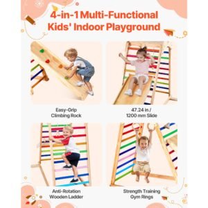 indoor playground jungle gym, 4 in 1 wooden indoor playground playset with climbing rock, slide, wooden ladder & gym rings, montessori style playground climbing toys for boys girls, 220lbs