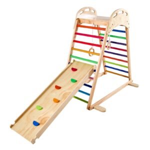 Indoor Playground Jungle Gym, 4-in-1 Wooden Indoor Playground Playset with Climbing Rock, Slide, Wooden Ladder & Gym Rings, Montessori Style Playground Climbing Toys for Boys Girls, 220LBS