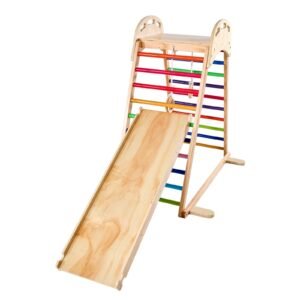 indoor playground jungle gym, 4 in 1 wooden indoor playground playset with climbing rock, slide, wooden ladder & gym rings, montessori style playground climbing toys for boys girls, 220lbs