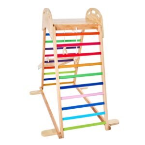 indoor playground jungle gym, 4 in 1 wooden indoor playground playset with climbing rock, slide, wooden ladder & gym rings, montessori style playground climbing toys for boys girls, 220lbs