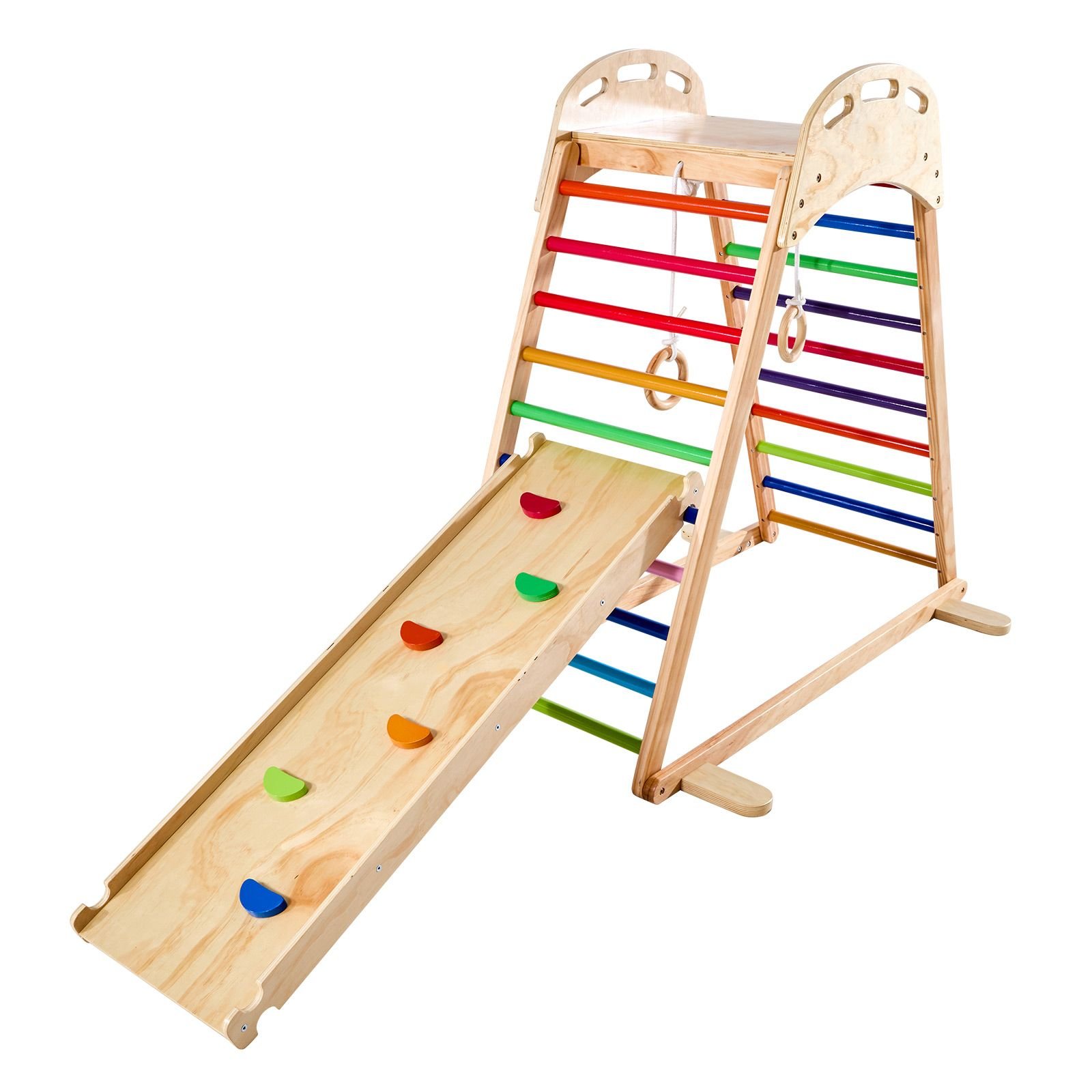 indoor playground jungle gym, 4 in 1 wooden indoor playground playset with climbing rock, slide, wooden ladder & gym rings, montessori style playground climbing toys for boys girls, 220lbs