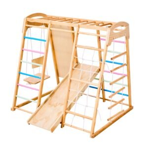 indoor playground jungle gym, 7 in 1 wooden indoor playground for kids, 250lbs montessori climbing toys playset with swing, monkey bar, slide, wooden ladder, rope ladder, climbing net & rock