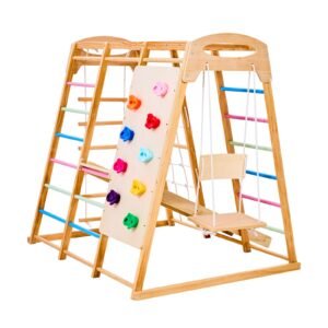 indoor playground jungle gym, 7 in 1 wooden indoor playground for kids, 250lbs montessori climbing toys playset with swing, monkey bar, slide, wooden ladder, rope ladder, climbing net & rock