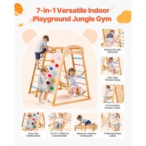 indoor playground jungle gym, 7 in 1 wooden indoor playground for kids, 250lbs montessori climbing toys playset with swing, monkey bar, slide, wooden ladder, rope ladder, climbing net & rock