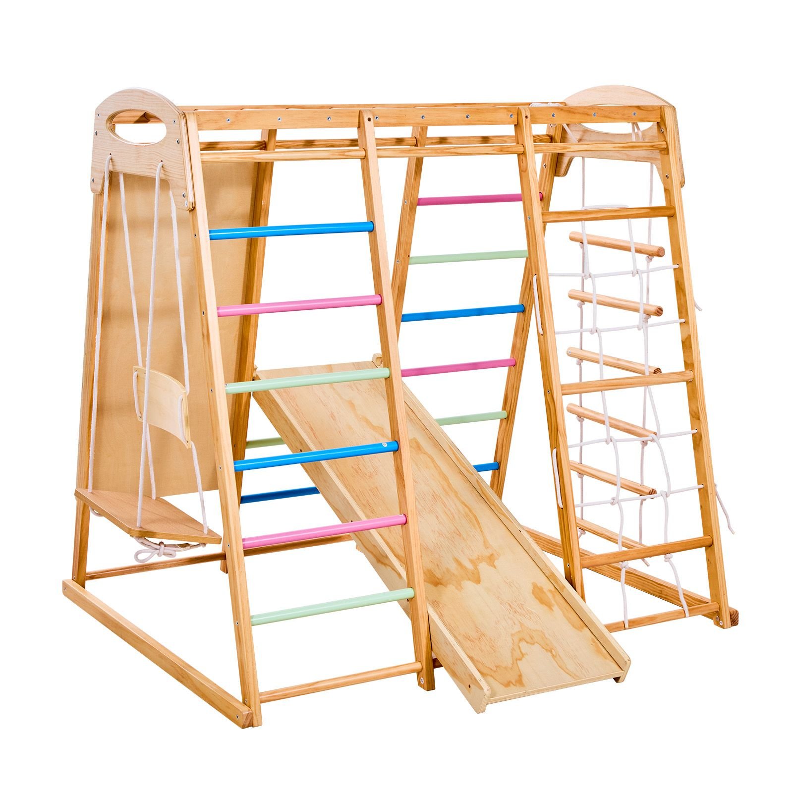indoor playground jungle gym, 7 in 1 wooden indoor playground for kids, 250lbs montessori climbing toys playset with swing, monkey bar, slide, wooden ladder, rope ladder, climbing net & rock