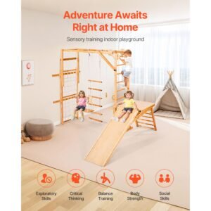 indoor playground jungle gym, 8 in 1 wooden indoor playground for kids, 220lbs montessori climbing toys playset with slide, swing, monkey bar, gym rings, wooden / rope ladder, climbing net & bar