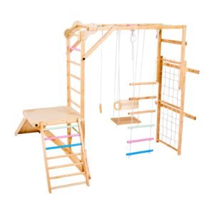 indoor playground jungle gym, 8 in 1 wooden indoor playground playset, 220lbs loading montessori climbing toys with swing, slide, monkey bar, gym rings, wooden / rope ladder, climbing net & bar