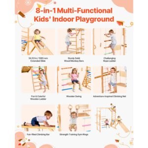 indoor playground jungle gym, 8 in 1 wooden indoor playground playset, 220lbs loading montessori climbing toys with swing, slide, monkey bar, gym rings, wooden / rope ladder, climbing net & bar