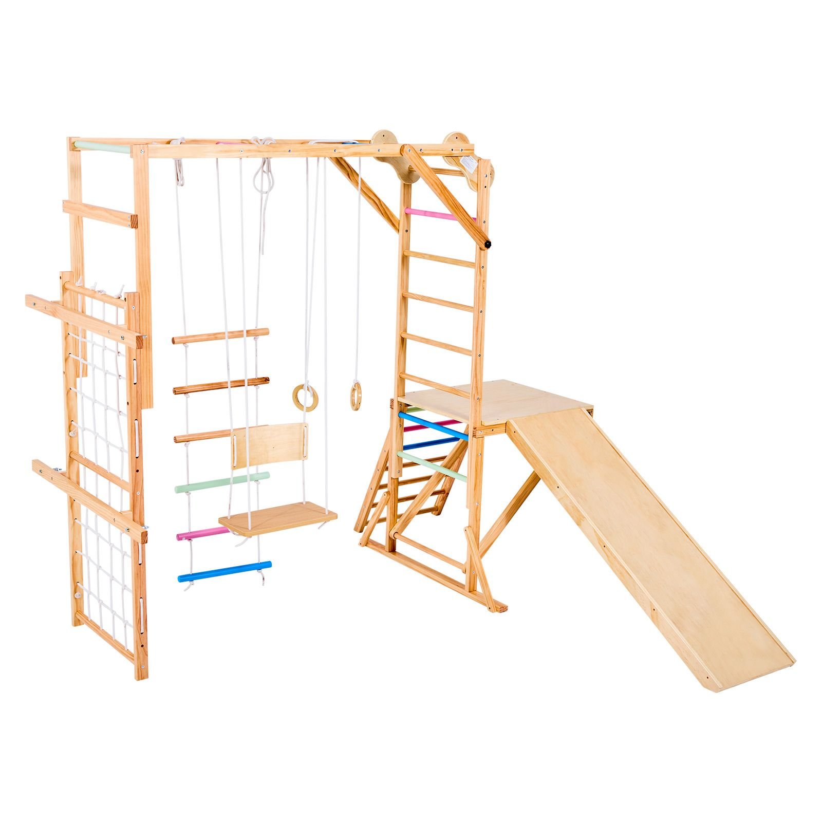 indoor playground jungle gym, 8 in 1 wooden indoor playground playset, 220lbs loading montessori climbing toys with swing, slide, monkey bar, gym rings, wooden / rope ladder, climbing net & bar