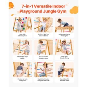 indoor playground jungle gym, 9 in 1 montessori climbing toys for toddlers, 250lbs wooden indoor playground playset with monkey bar, swings, slide, rope / wooden ladder, climbing net, bar & rock