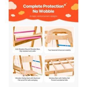 indoor playground jungle gym, 9 in 1 montessori climbing toys for toddlers, 250lbs wooden indoor playground playset with monkey bar, swings, slide, rope / wooden ladder, climbing net, bar & rock
