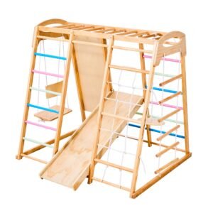 Indoor Playground Jungle Gym, 9-in-1 Montessori Climbing Toys for Toddlers, 250LBS Wooden Indoor Playground Playset with Monkey Bar, Swings, Slide, Rope / Wooden Ladder, Climbing Net, Bar & Rock