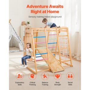indoor playground jungle gym, 9 in 1 montessori climbing toys for toddlers, 250lbs wooden indoor playground playset with monkey bar, swings, slide, rope / wooden ladder, climbing net, bar & rock