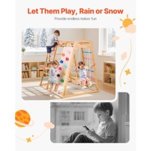 indoor playground jungle gym, 9 in 1 montessori climbing toys for toddlers, 250lbs wooden indoor playground playset with monkey bar, swings, slide, rope / wooden ladder, climbing net, bar & rock