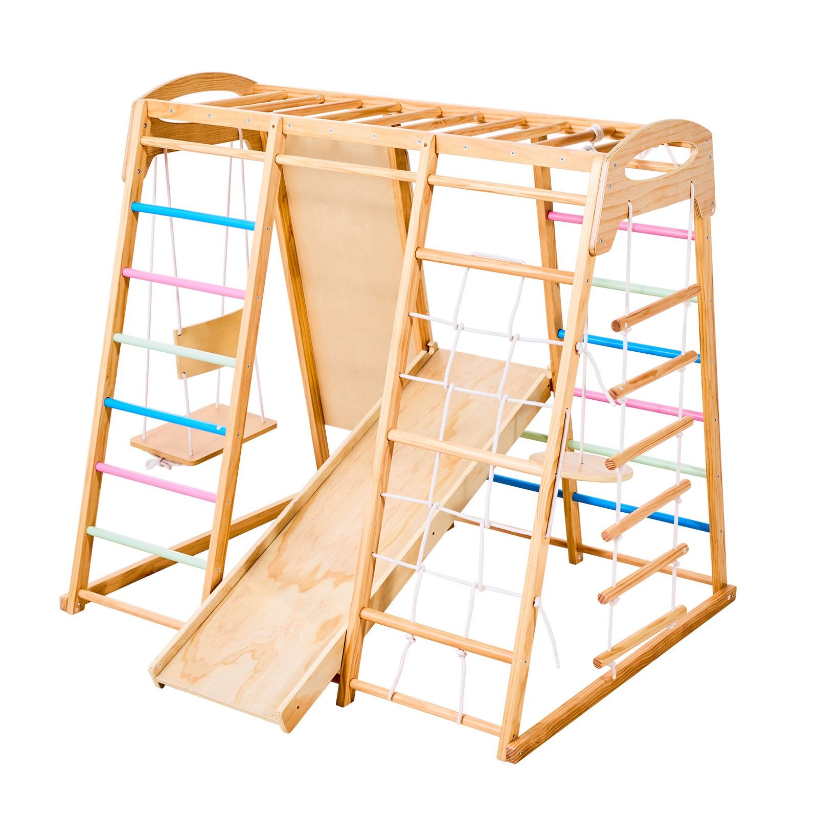 indoor playground jungle gym, 9 in 1 montessori climbing toys for toddlers, 250lbs wooden indoor playground playset with monkey bar, swings, slide, rope / wooden ladder, climbing net, bar & rock