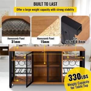 industrial bar cabinet, 55 inch rustic oak, 330 lbs wine table for liquor with wine racks (24 bottles), glass holders and metal sideboard, farmhouse wood coffee bar for living room, dining room