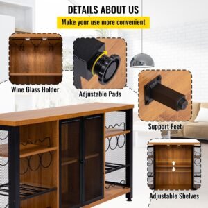 industrial bar cabinet, 55 inch rustic oak, 330 lbs wine table for liquor with wine racks (24 bottles), glass holders and metal sideboard, farmhouse wood coffee bar for living room, dining room