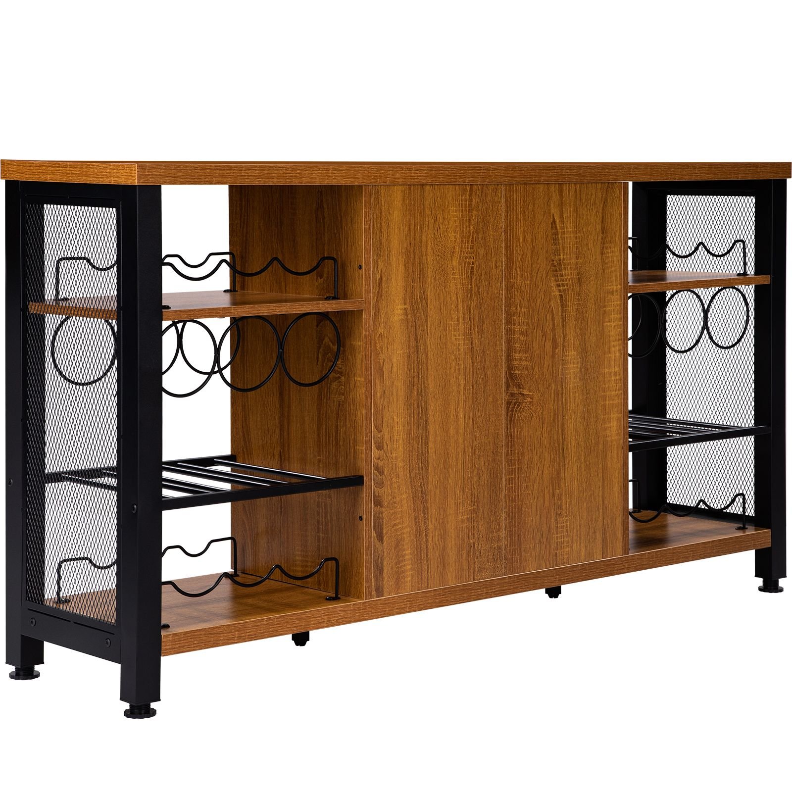 industrial bar cabinet, 55 inch rustic oak, 330 lbs wine table for liquor with wine racks (24 bottles), glass holders and metal sideboard, farmhouse wood coffee bar for living room, dining room