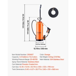 industrial concrete sprayer with wheeled cart, 3.5 gallon stainless steel sprayer, heavy duty tri poxy pump sprayers, 20.5"wand, 48" & 120"hoses, 2 brass nozzles for construction, lawn & garden