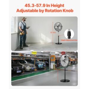 industrial pedestal fan, 18 inch standing fan with 45.3 to 57.9 inches adjustable height, floor fans with 3 adjustable speeds, high power fans for warehouse,garage,commercial,residential, black