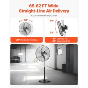 industrial pedestal fan, 20 inch 90 degree oscillating fan, height adjustable standing fans with 3 adjustable speeds, high power fans for warehouse,garage,commercial, black