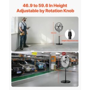 industrial pedestal fan, 20 inch standing fan with 46.9 to 59.6 inches adjustable height, floor fans with 3 adjustable speeds, high power fans for warehouse,garage,commercial,residential, black