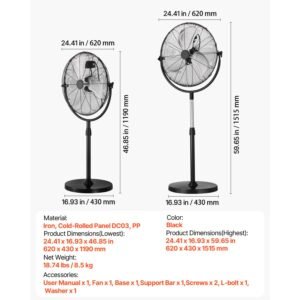 industrial pedestal fan, 20 inch standing fan with 46.9 to 59.6 inches adjustable height, floor fans with 3 adjustable speeds, high power fans for warehouse,garage,commercial,residential, black