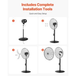 industrial pedestal fan, 24 inch 85 degree oscillating fan, height adjustable standing fans with 3 adjustable speeds, high power fans for warehouse,garage,commercial, black