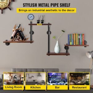 industrial pipe shelving, pipe shelves with 4 tier wood planks, rustic floating shelves wall mounted, wall shelf diy bookshelf for bar kitchen bathroom farmhouse living room, 51x25x9 inch
