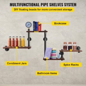 industrial pipe shelving, pipe shelves with 4 tier wood planks, rustic floating shelves wall mounted, wall shelf diy bookshelf for bar kitchen bathroom farmhouse living room, 51x25x9 inch